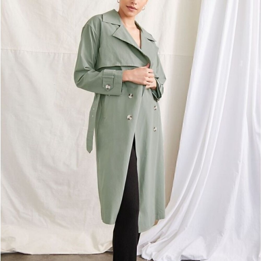 Forever 21 Belted Double-Breasted Trench Coat Grey Size Small S New Lined Cotton